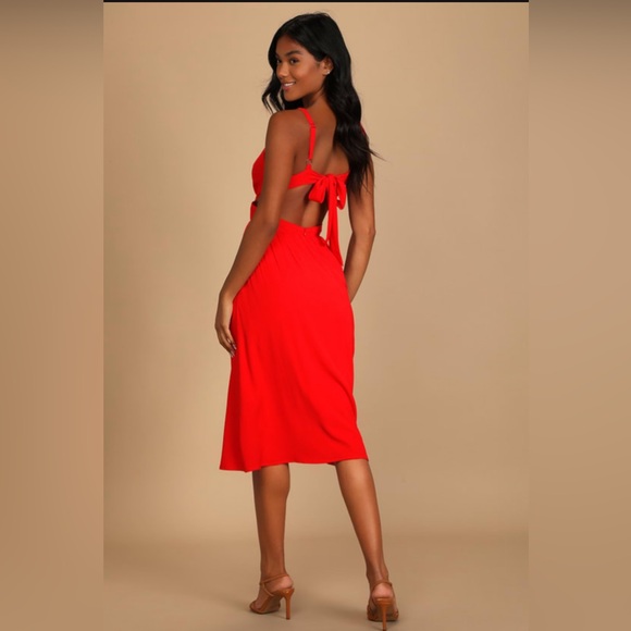 Lulu’s Bold New Look Bright Red Tie-Back Midi Dress With Pockets NWT size medium - Picture 2 of 7